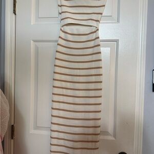 Women’s Cream and Tan Striped Sleeveless Dress